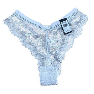 Fredericks of Hollywood NWT Caroline Lace Thong Panty Silver with Bow Sz S White